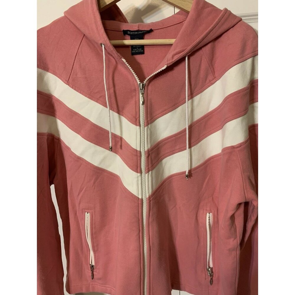 BOSTON PROPER Sz L Black Cotton Windbreaker‎ Full Zip Pink Stripes